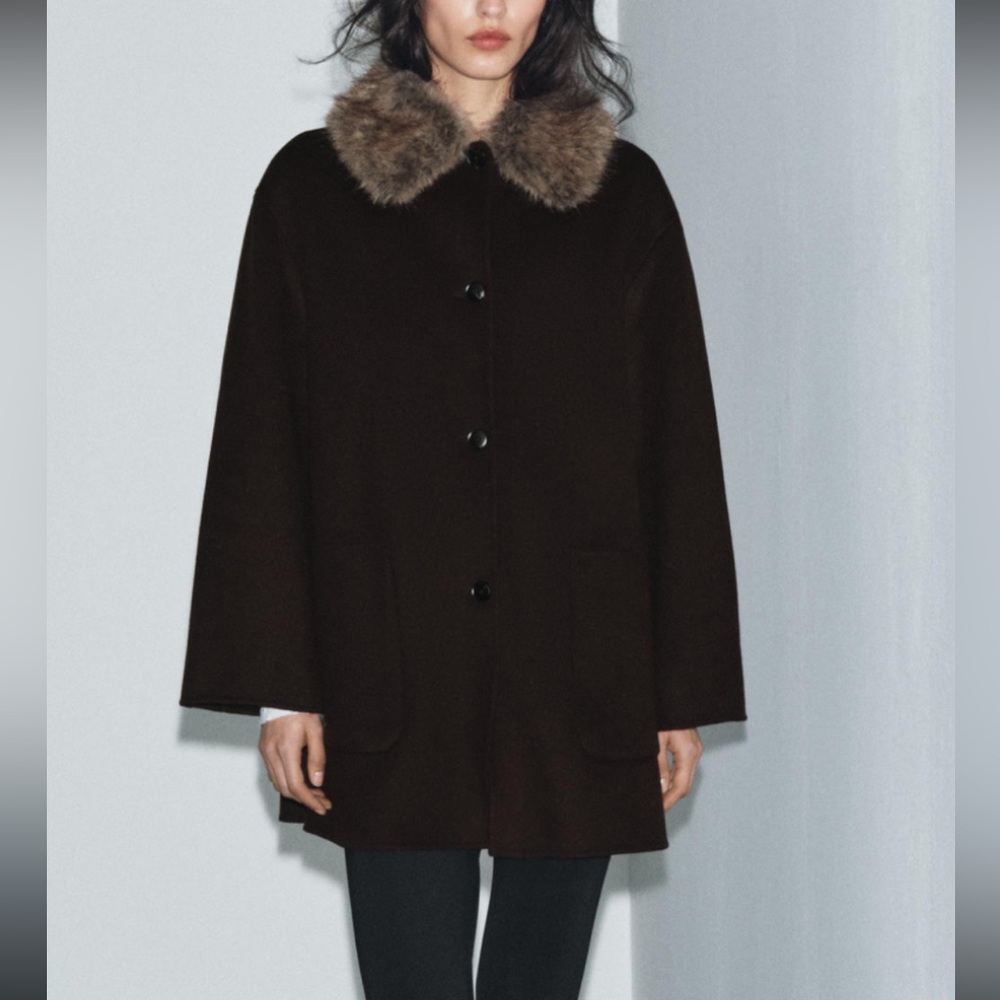 Zara Dark Brown Wool Jacket with Faux Fur Collar
